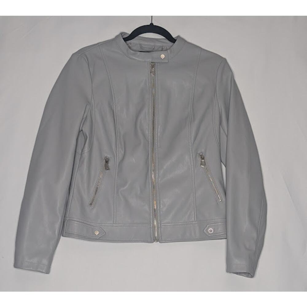 KELREBEC Womens grey feux leather jacket Large futuristic bikercore glam NWOT